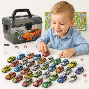 A smiling boy plays with a colorful metal pull-back car set