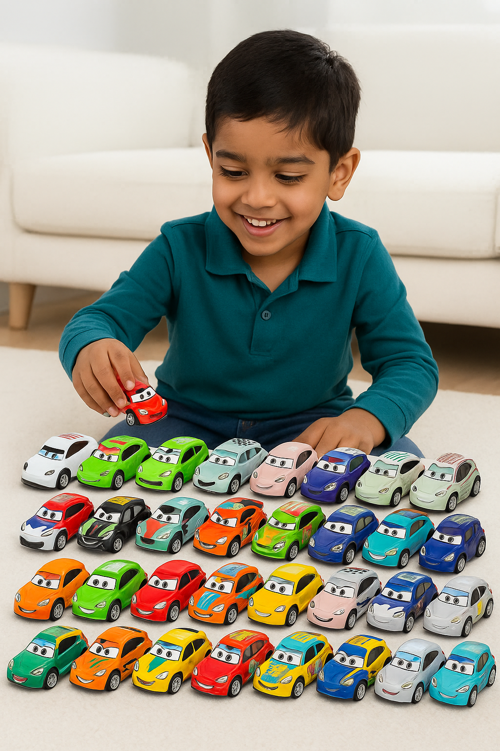 Young Pakistani boy playing with colorful pull back alloy cars for kids on a carpet